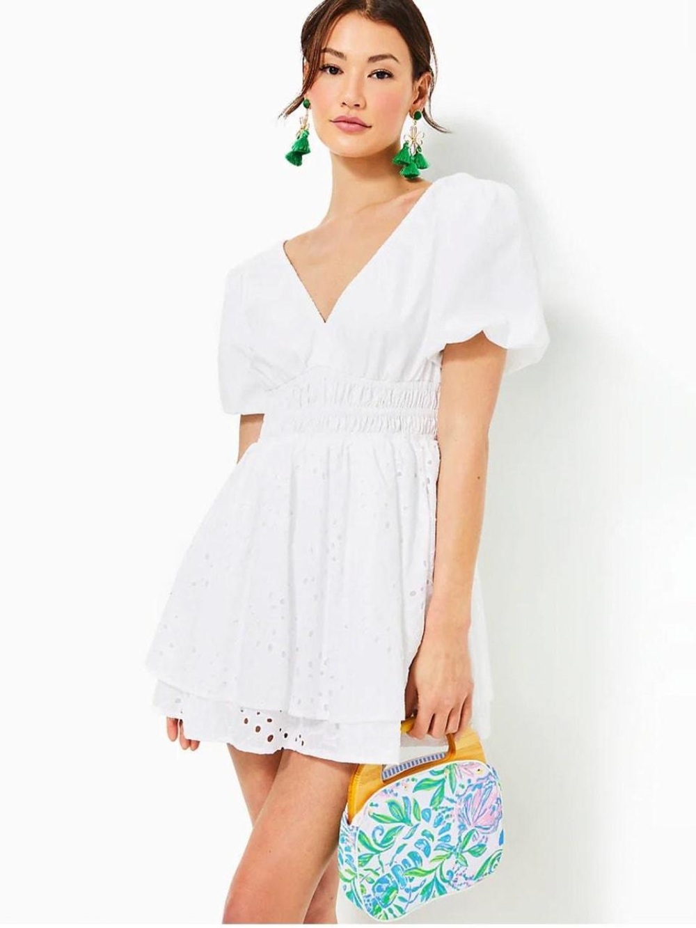 Lily Pulitzer NWT White Eyelet Puff-Sleeve Mini Romper/Dress with Smocked Waist